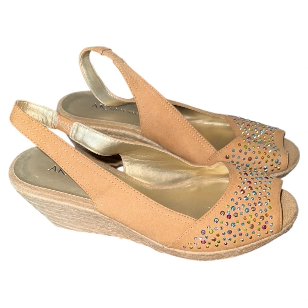 Anne Klein Polara‎ Tan Leather Slingback Wedge Espadrilles 7M Rhinestone Sandals